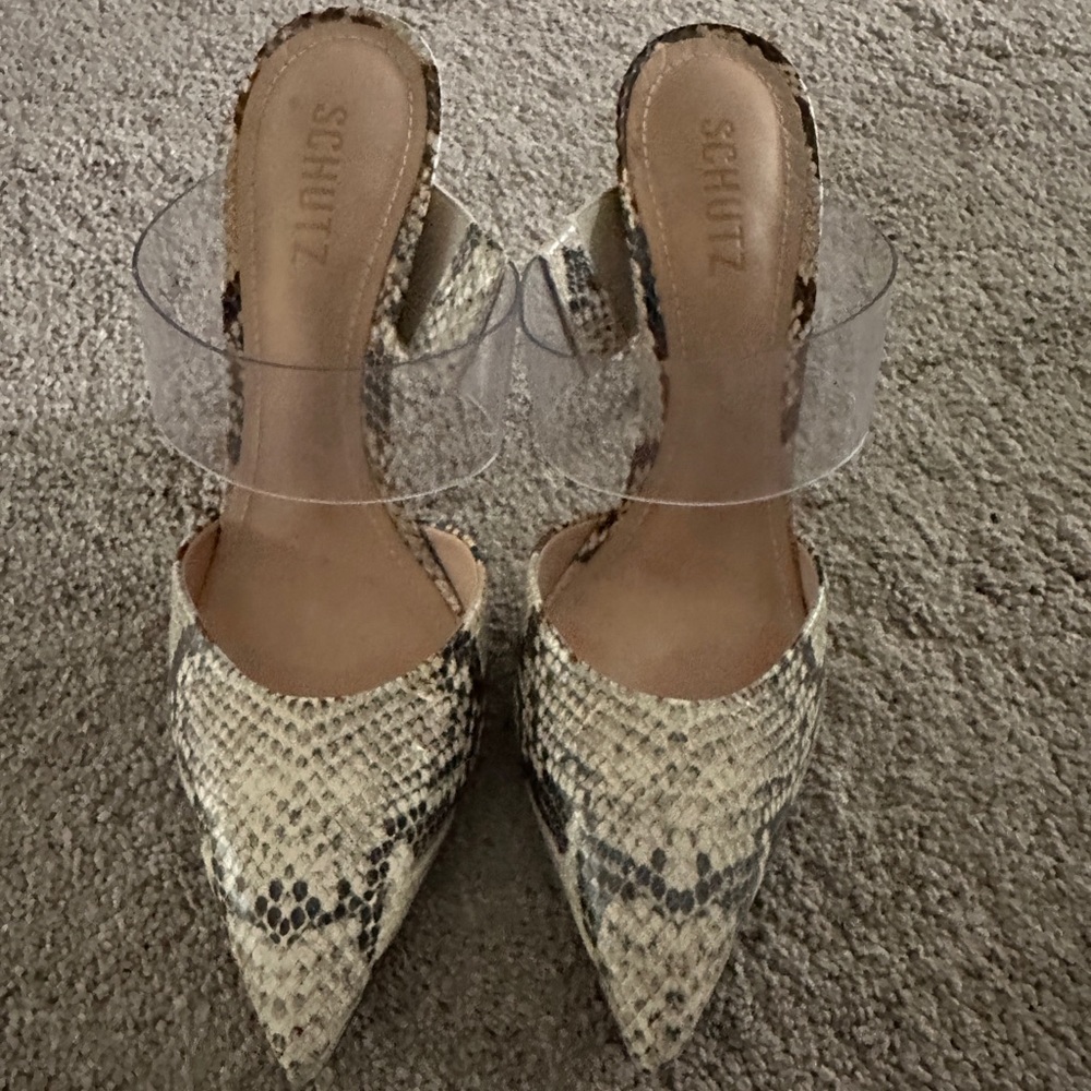 Shultz Snake-Embossed Sionne Clear Strap Pointed Toe Mule